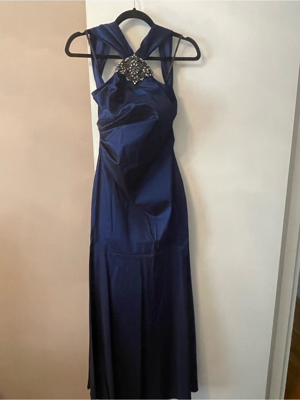 David Meister Navy Satin Halter Gown with Beaded Accent